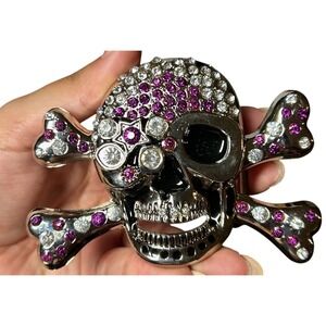 Skull and Crossbones Belt Buckle Silver Purple Rhinestone Bling Y2K McBling Glam